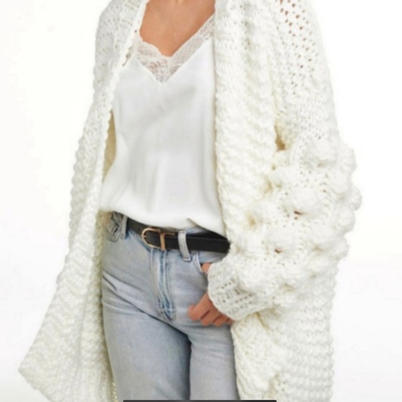 Boho chunky knit pom detail balloon sleeve cardiga - Picture 2 of 2